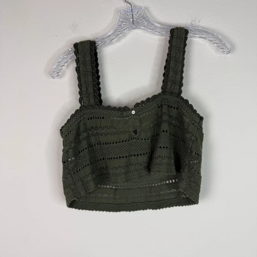 Aerie Cropped Tank Top Women Small Olive Green Crochet Eyelet Boho Square Neck